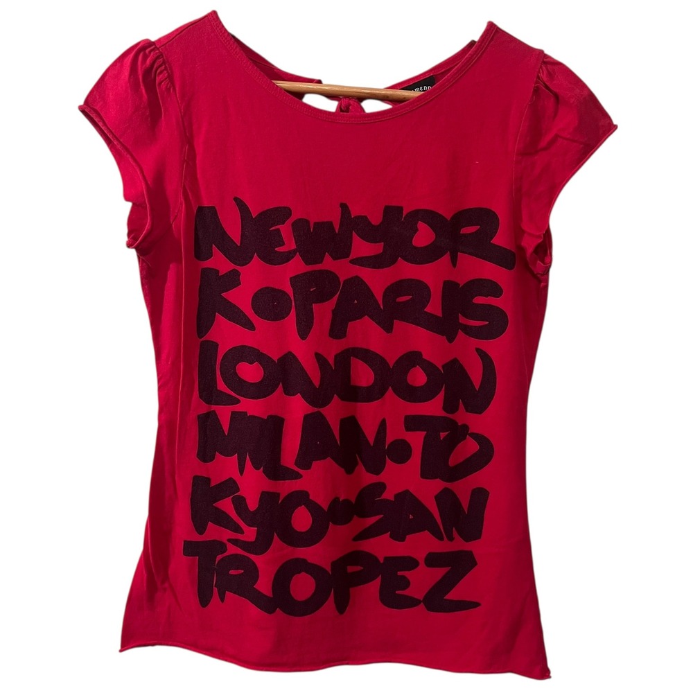 Ellemenno Red Graphic Tee Large City Print Puff Sleeve Y2K Style 100% Cotton Top